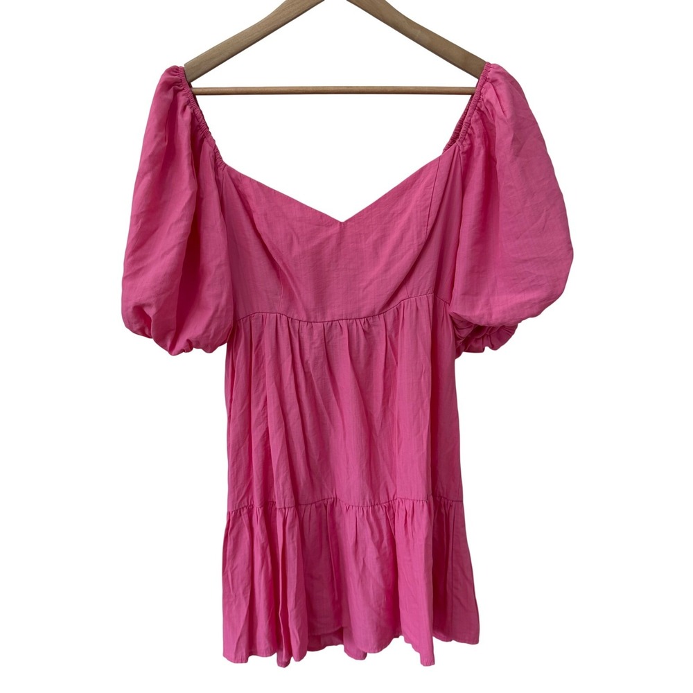 A.Calin Flying Tomato Mini Dress M Pink Puff Sleeve Tie Back Babydoll